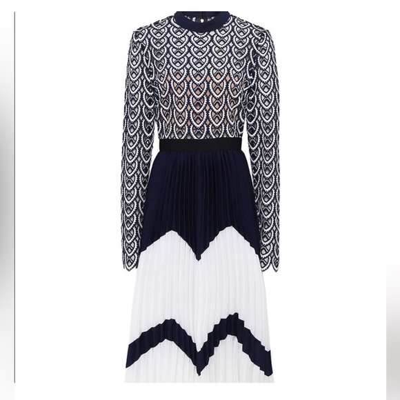 SELF-PORTRAIT Size 2  Navy Blue and White Open Crochet Pleated MIDI Long Sleeves - Picture 4 of 17